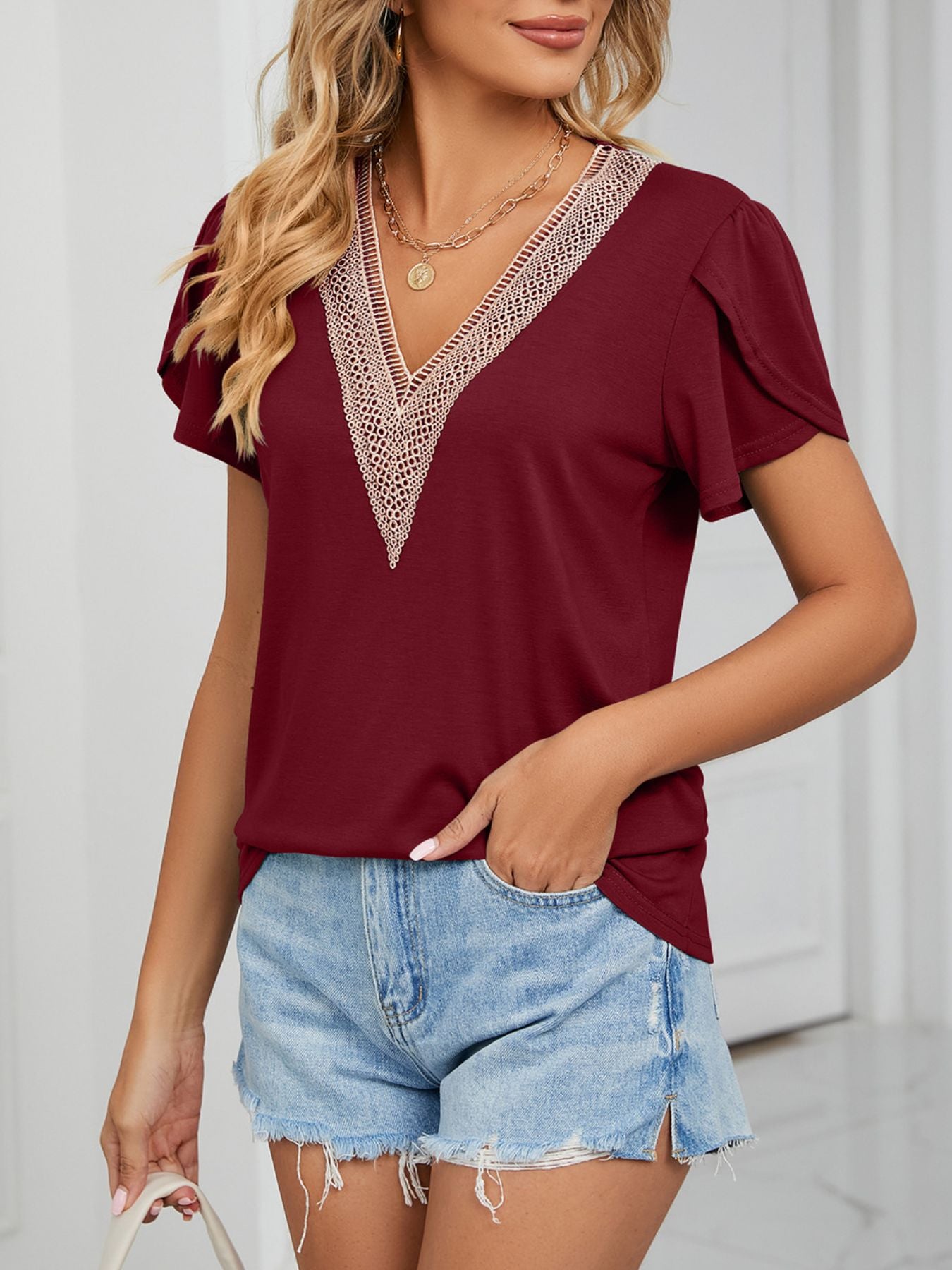 Cedar & Moore Trendsi V-Neck Petal Sleeve Top, burgundy with lace detail