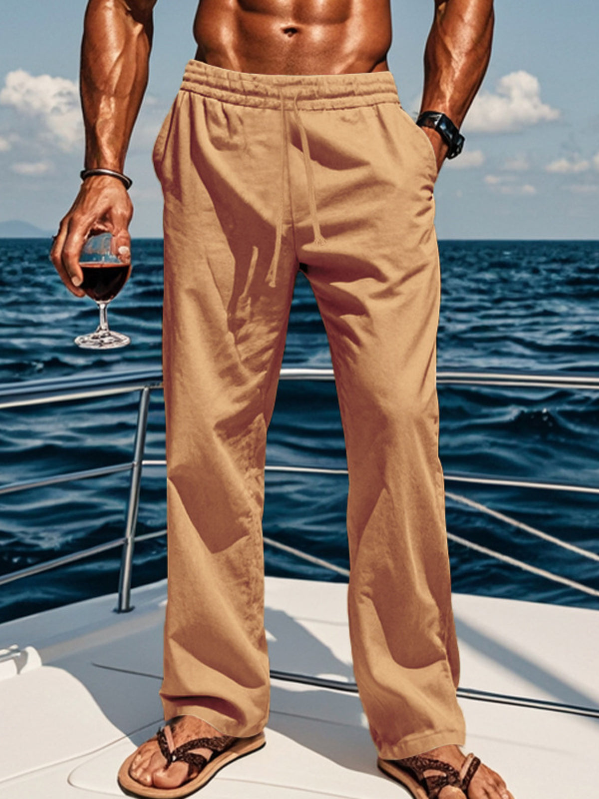 Loose-fit tan drawstring pants with elastic waistband and straight-leg design