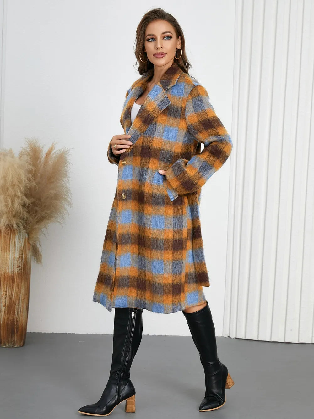 Plaid collared neck coat with waist tie belt, long sleeves, front button placket.