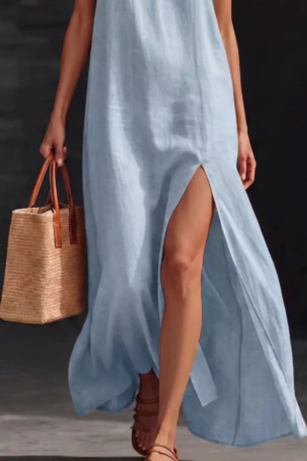 Cedar & Moore Slit V-Neck Maxi Dress, light blue fabric with side slit, Trendsi