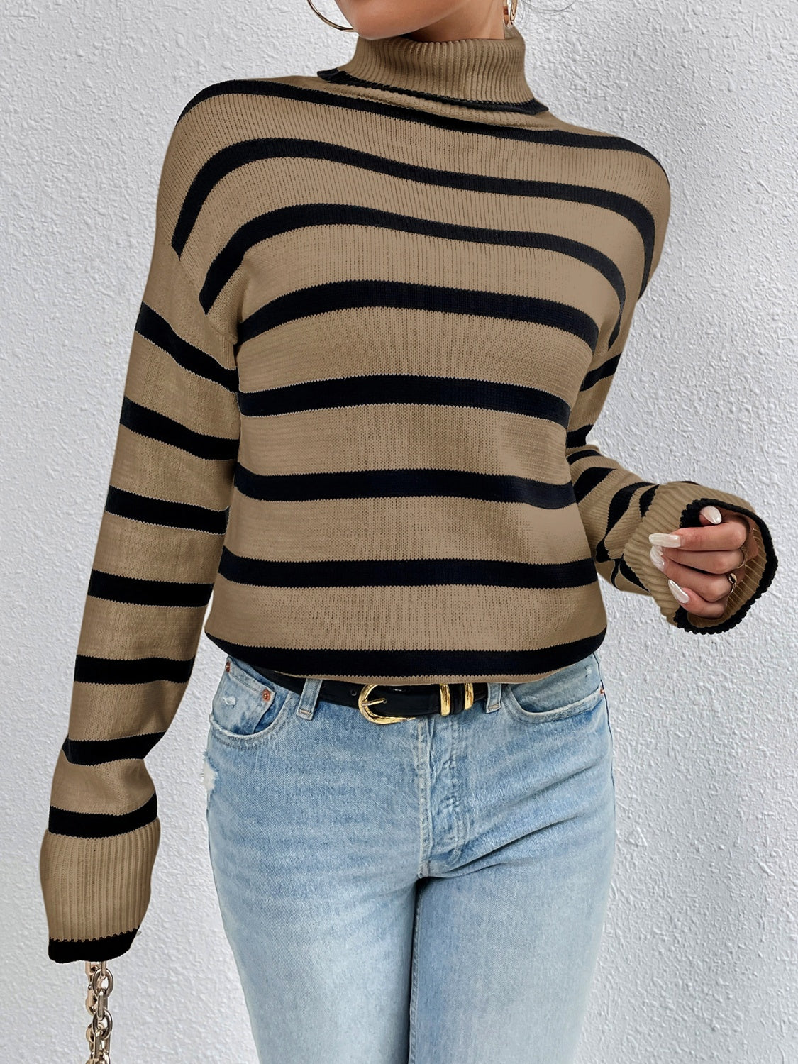 Camel and black striped turtleneck sweater with ribbed cuffs and hem