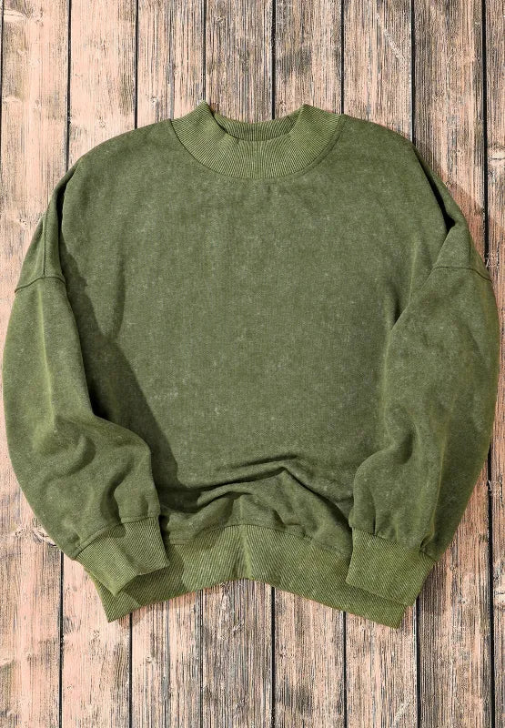 Moss green mock-neck sweatshirt, crew collar and ribbed cuffs