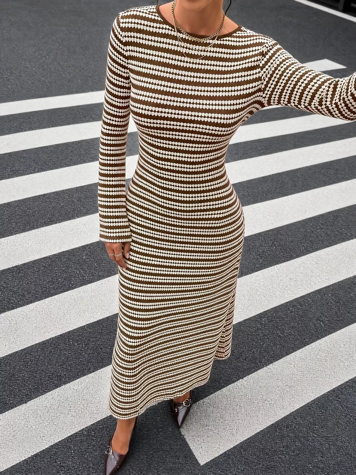 Brown striped ribbed knit flare sleeve midi dress, round neckline, straight hem