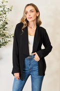 Black long sleeve open-front blazer with draped front and front pockets