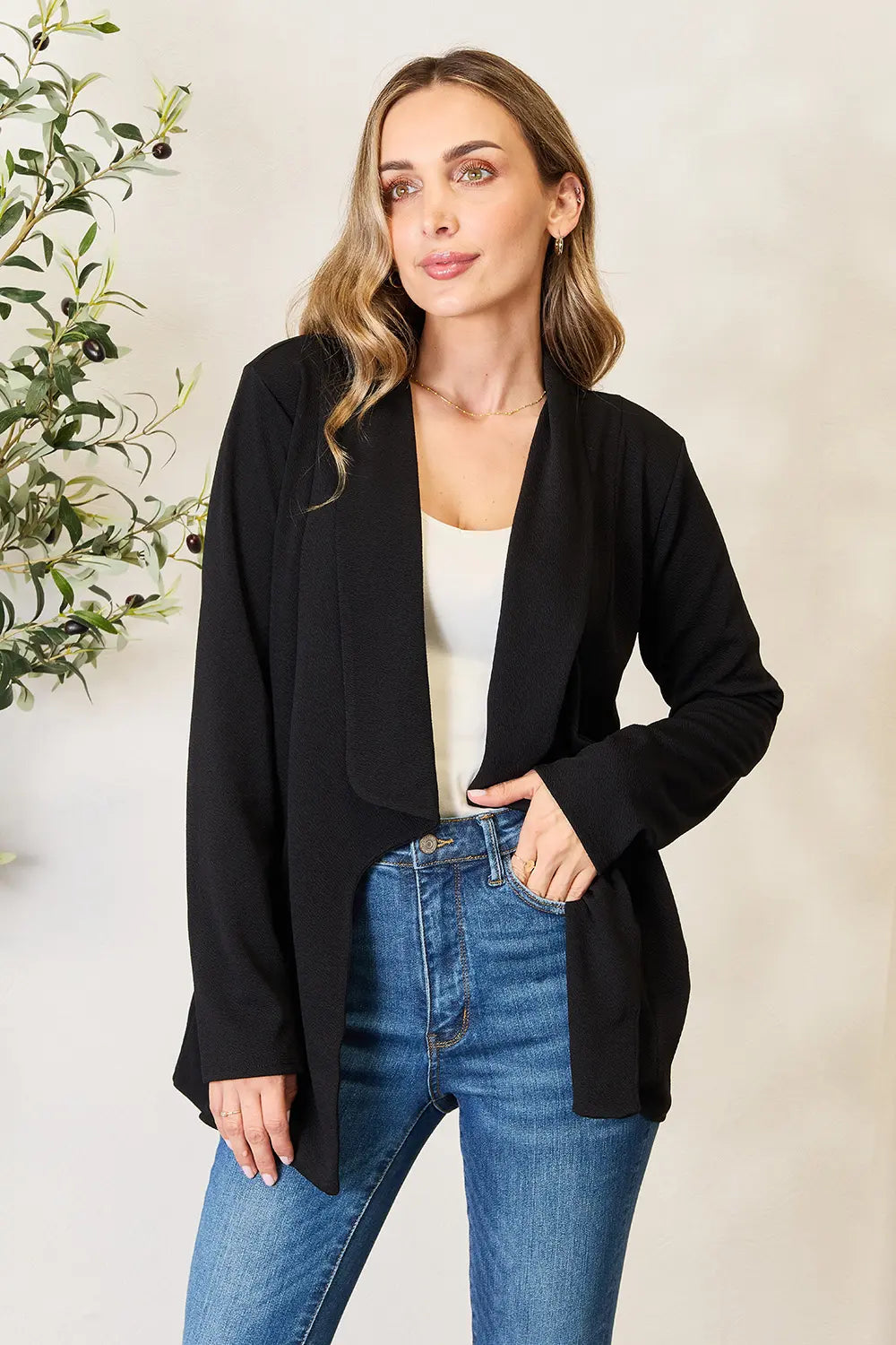 Black long sleeve open-front blazer with draped front and front pockets