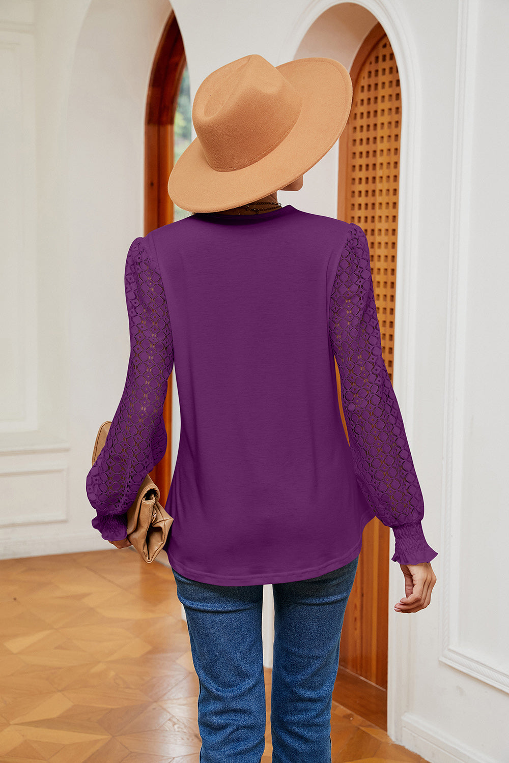 Purple long-sleeve blouse back view with sheer eyelet-style sleeves
