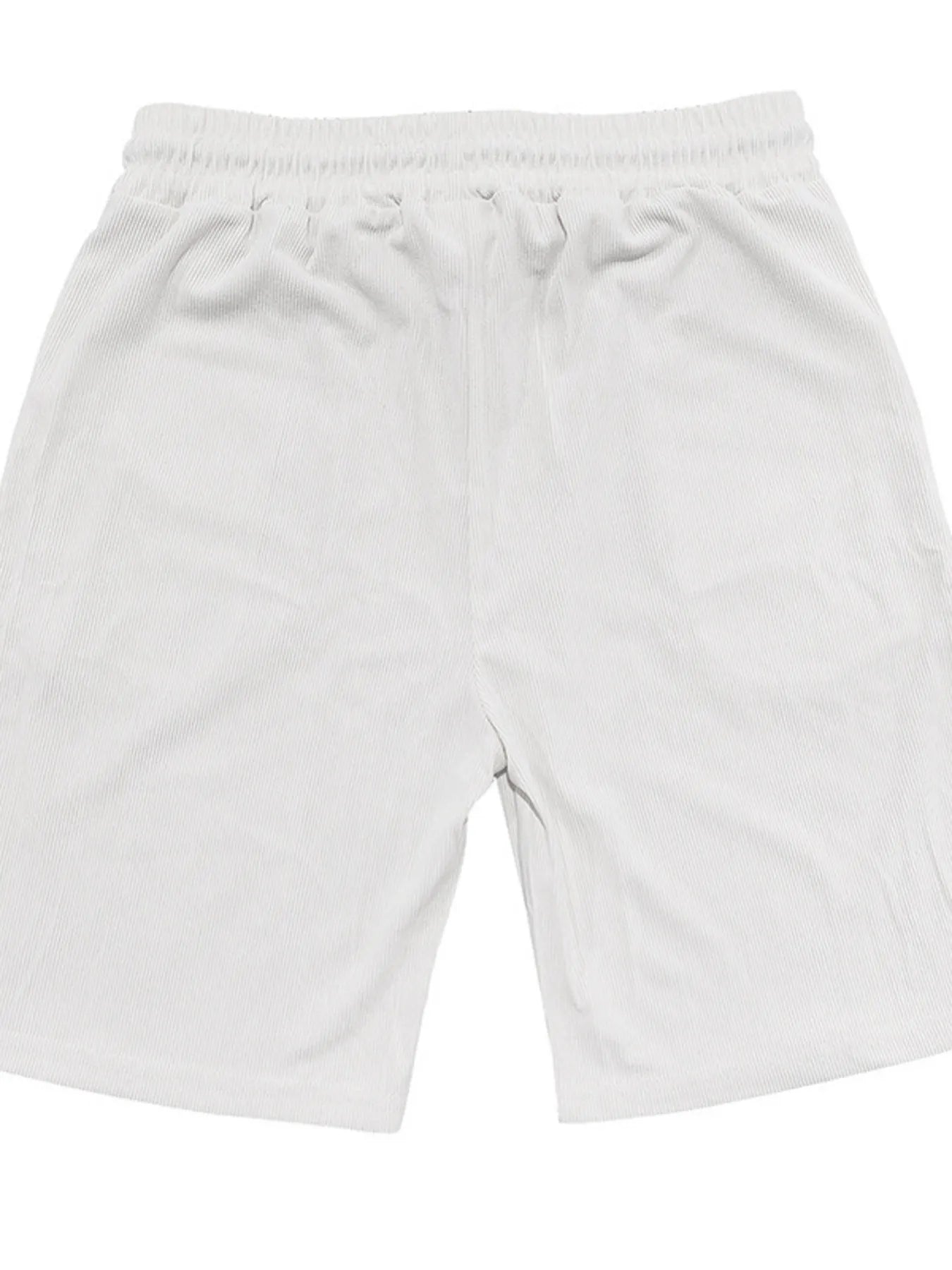 White drawstring shorts with elastic waistband, front view