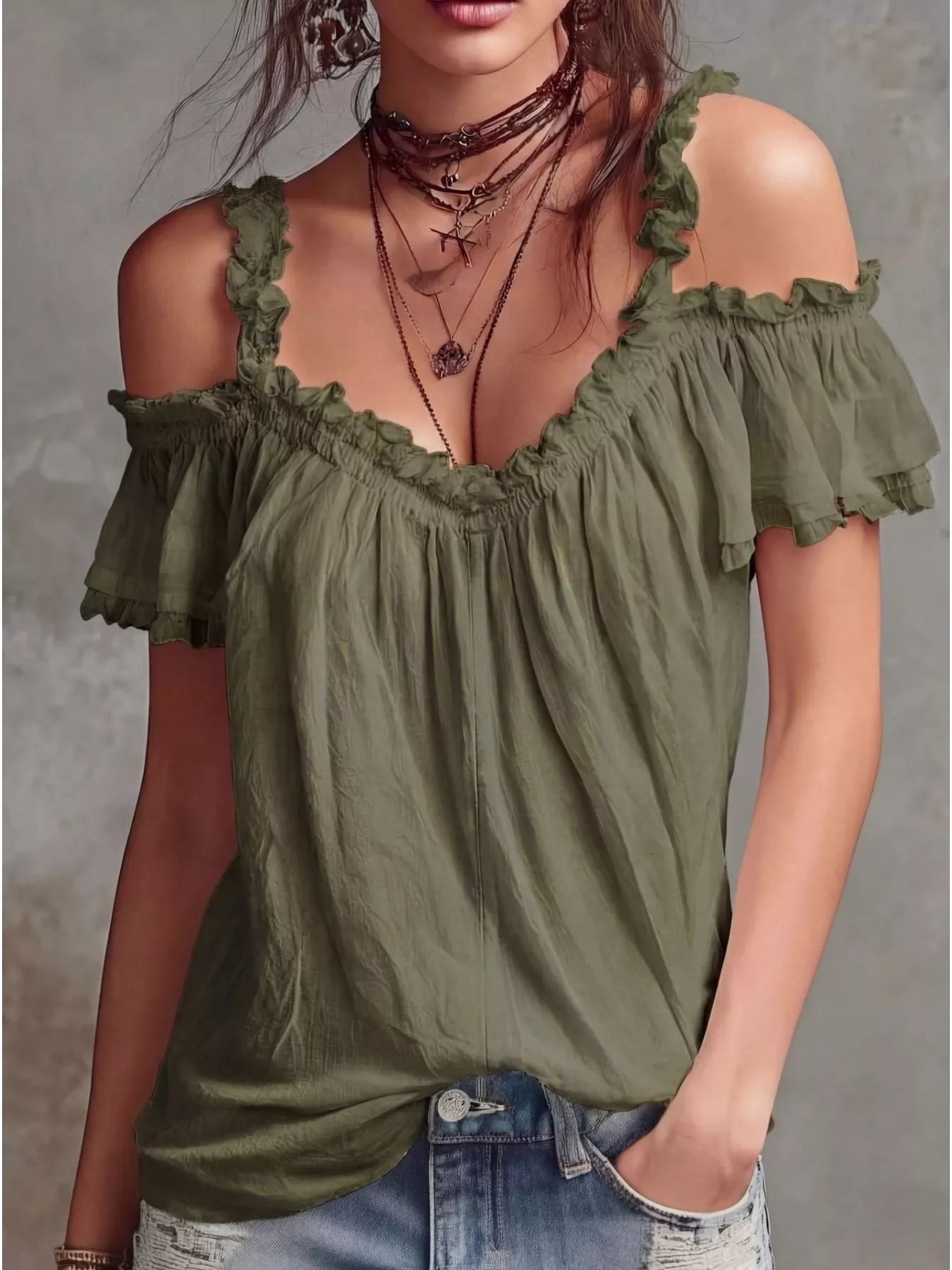 Army green cold-shoulder blouse with ruffled off-shoulder sleeves
