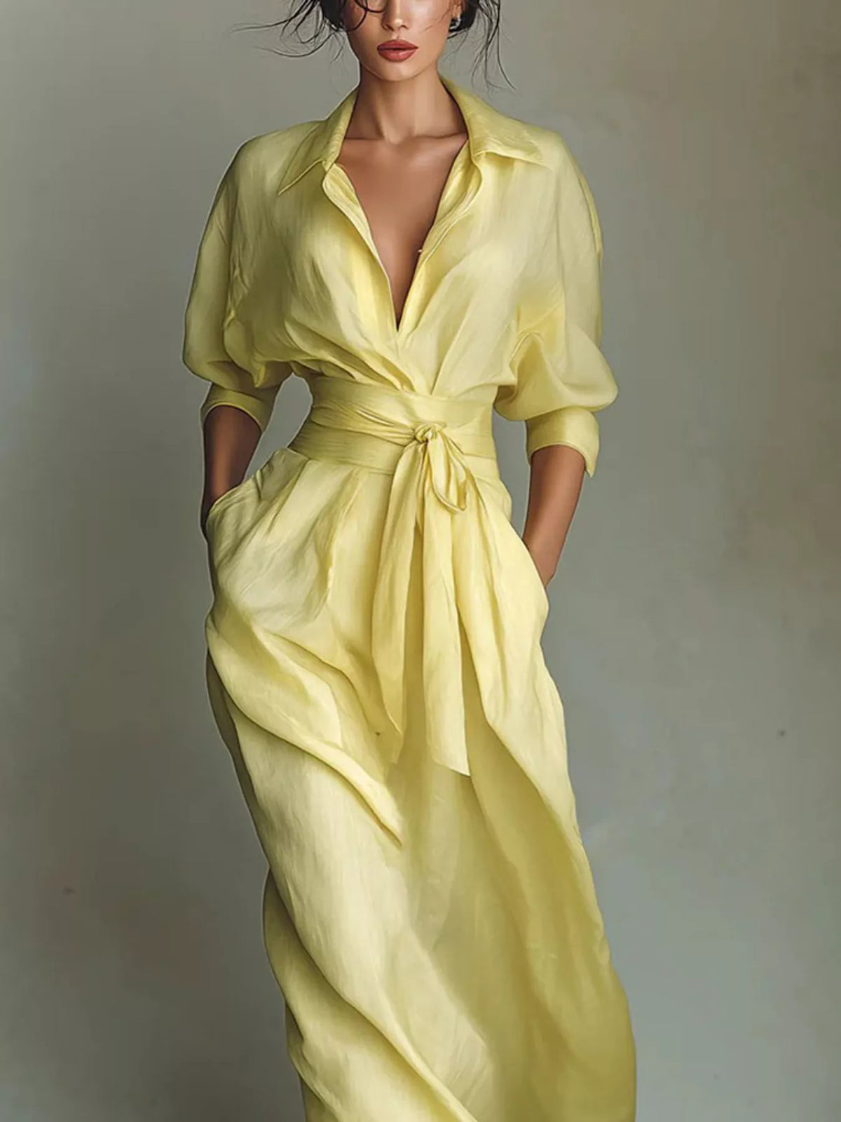 Yellow maxi shirt dress with open collar, tie waist sash, and puff sleeves