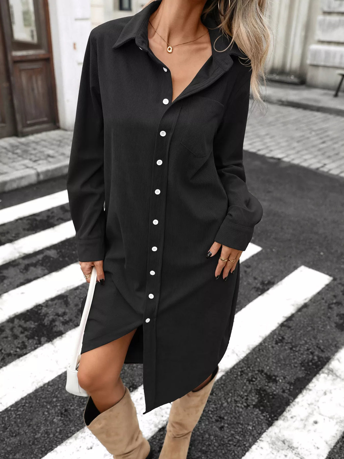 Black corduroy shirt dress, button-front, long sleeves, collared neckline