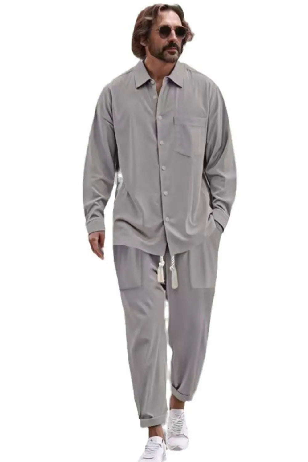 Men's collared long-sleeve button shirt and drawstring pants set, light gray
