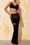 Black openwork scoop-neck cover-up set with spaghetti straps and maxi skirt