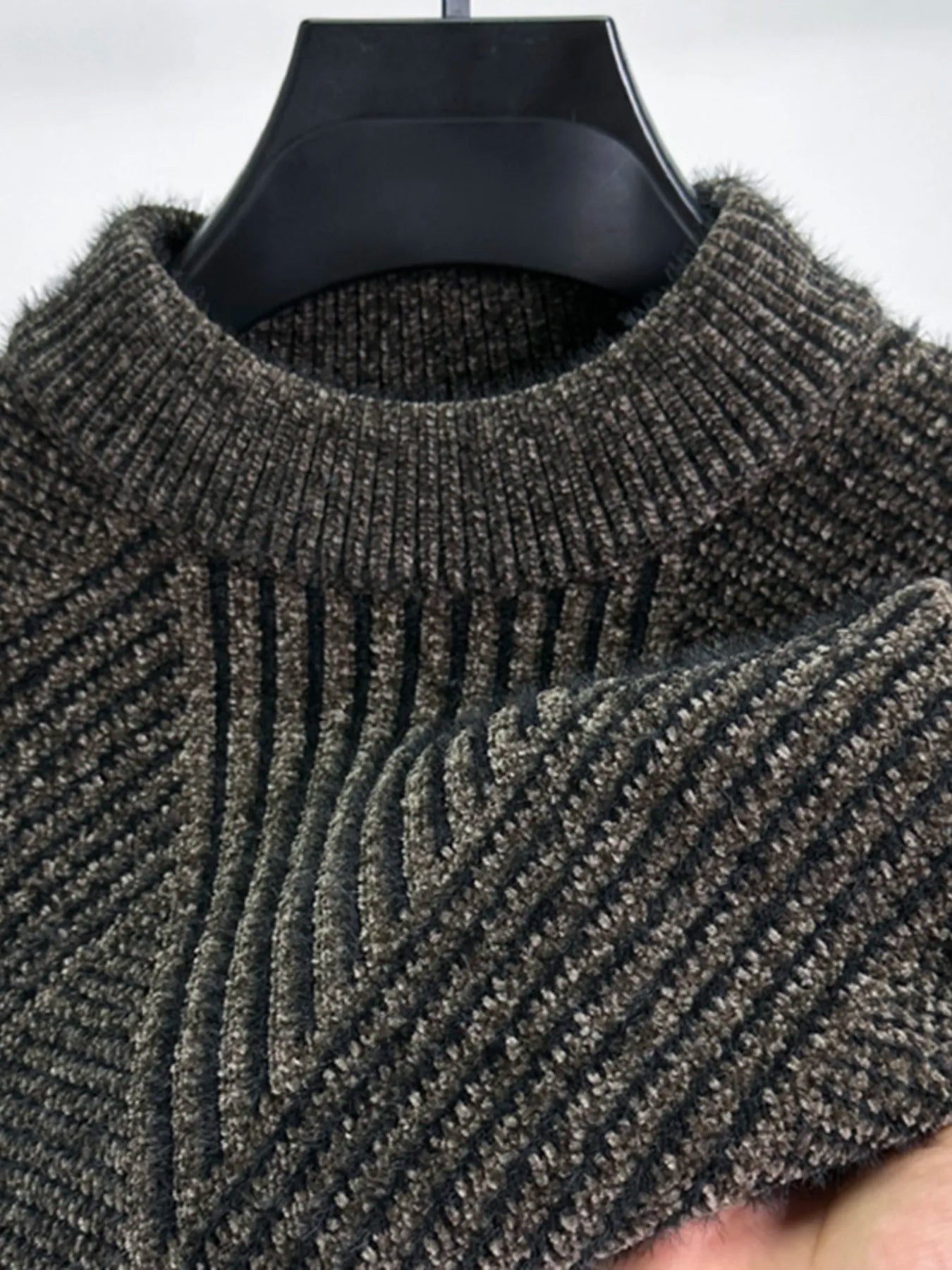 Men's ribbed knit sweater, dark gray crew neck and vertical stitch pattern detail