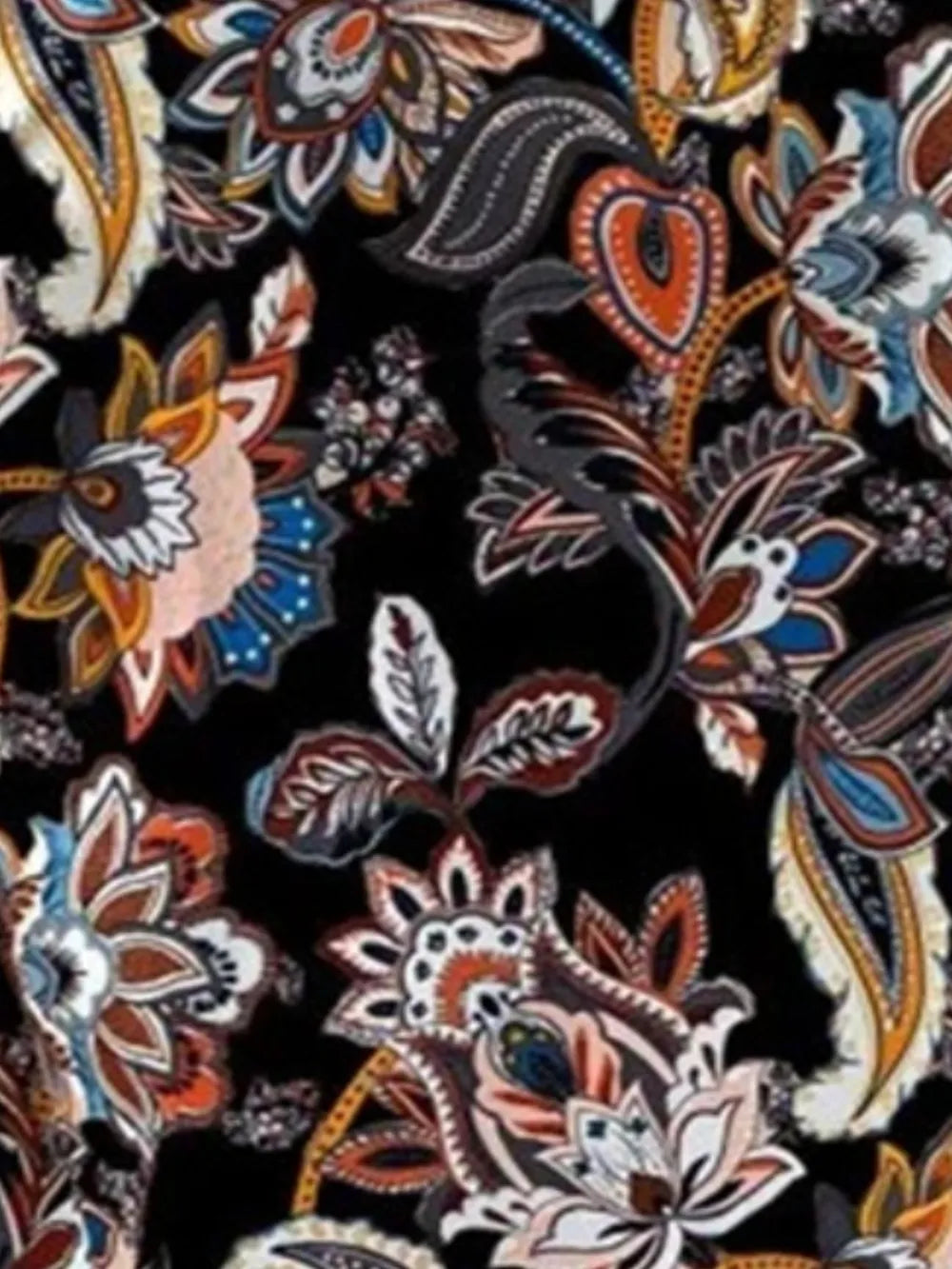 Printed notched sleeveless top fabric, dark floral paisley pattern close-up