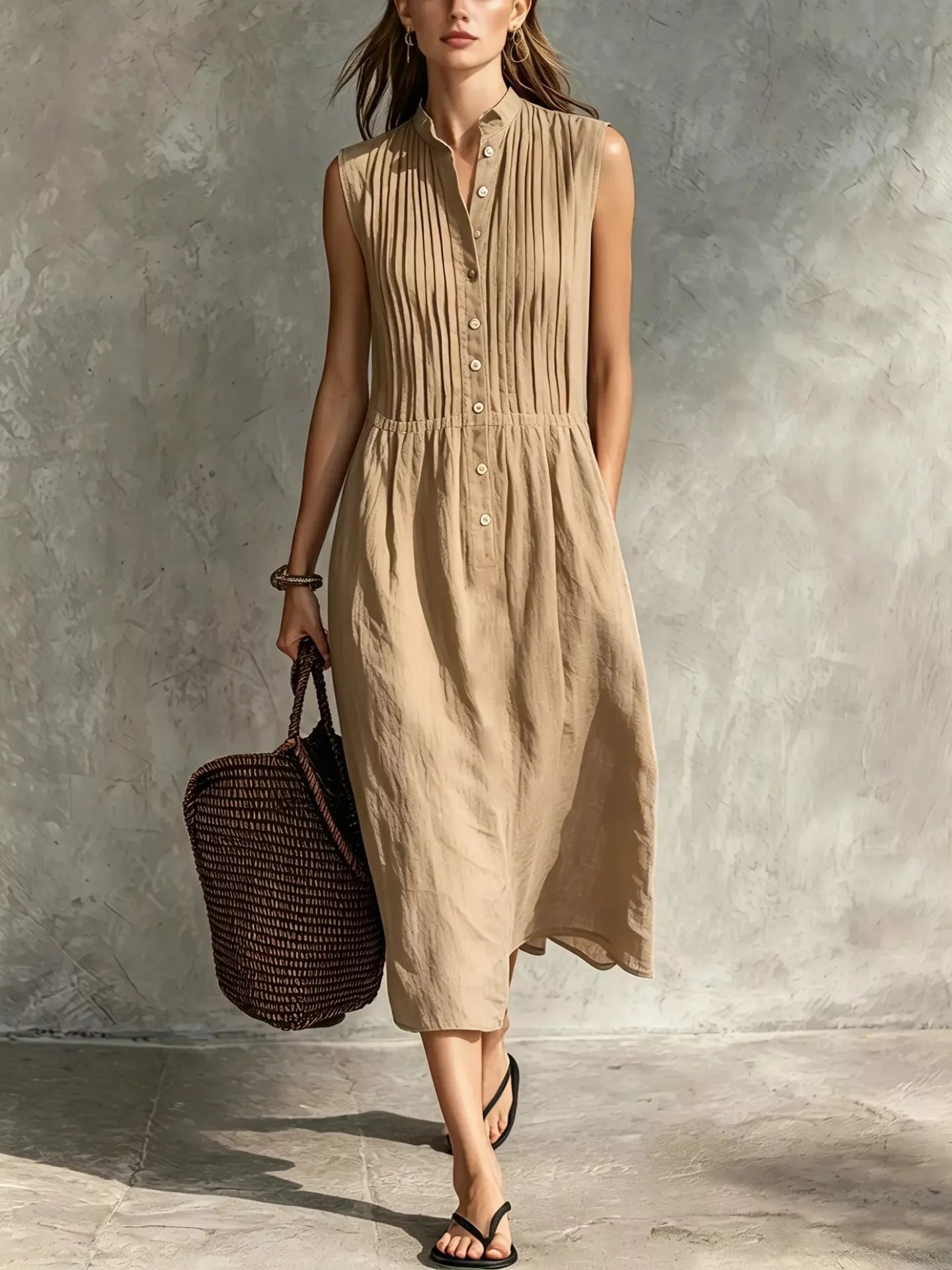 Khaki sleeveless button-front midi dress with vertical pleats and gathered waist