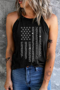 Black graphic halter neck tank top with star and bar rhinestone-style print