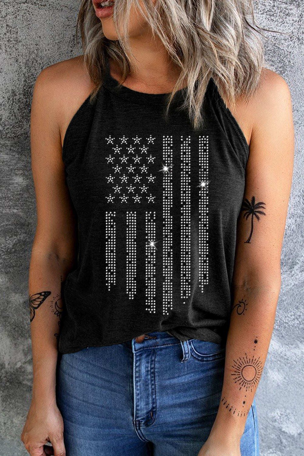 Black graphic halter neck tank top with star and bar rhinestone-style print