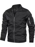Men's lightweight bomber jacket in black, front zip, stand collar, ribbed hem and cuffs
