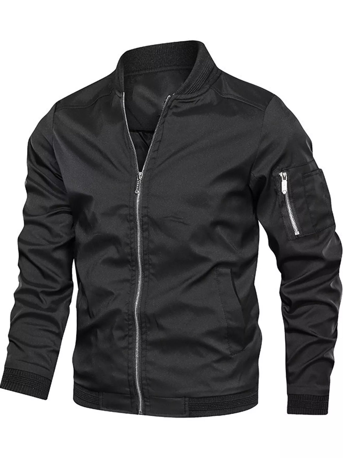 Men's lightweight bomber jacket in black, front zip, stand collar, ribbed hem and cuffs