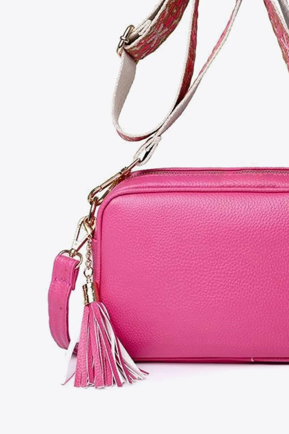 PU leather tassel crossbody bag, bright pink with side tassel and gold chain