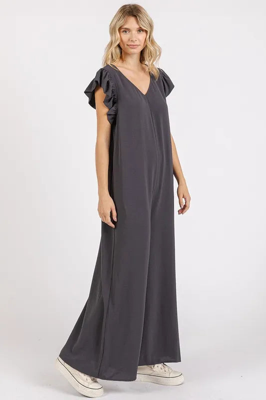Charcoal v-neck ruffled cap sleeve wide-leg jumpsuit, side view