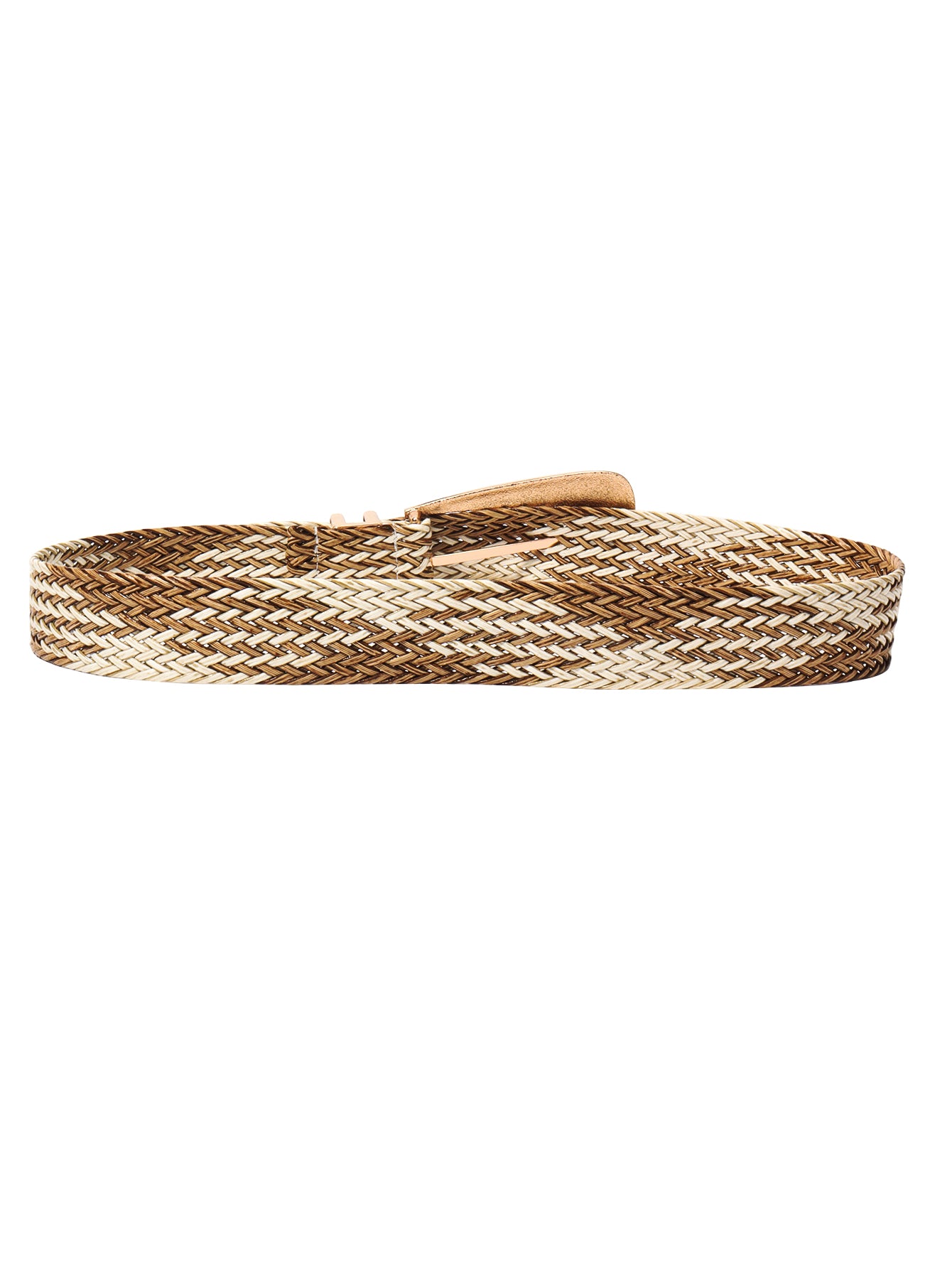 Camel braided belt with stitched end tab and woven texture