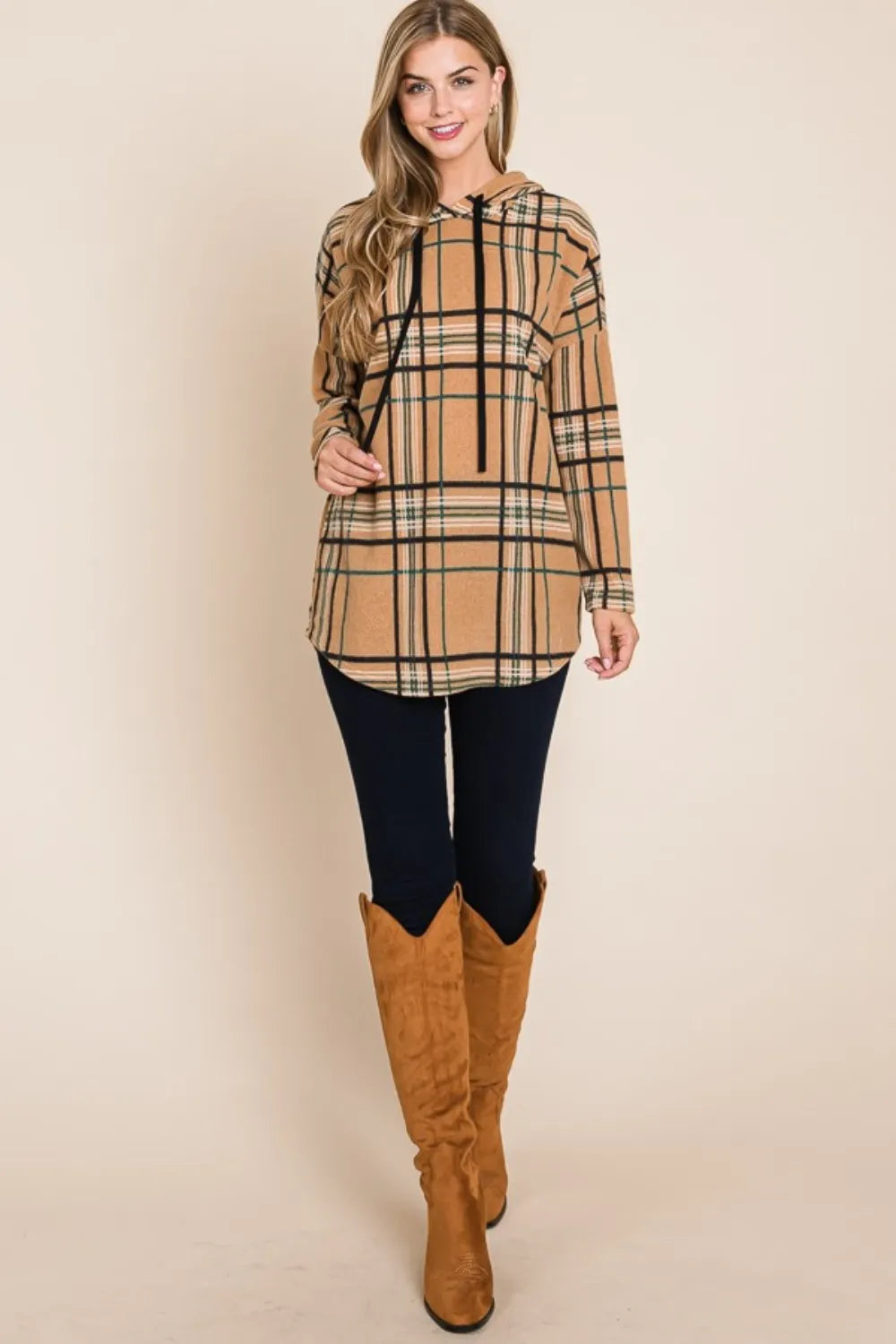 Taupe plaid long-sleeve hoodie with drawstring hood and kangaroo pocket, full-body