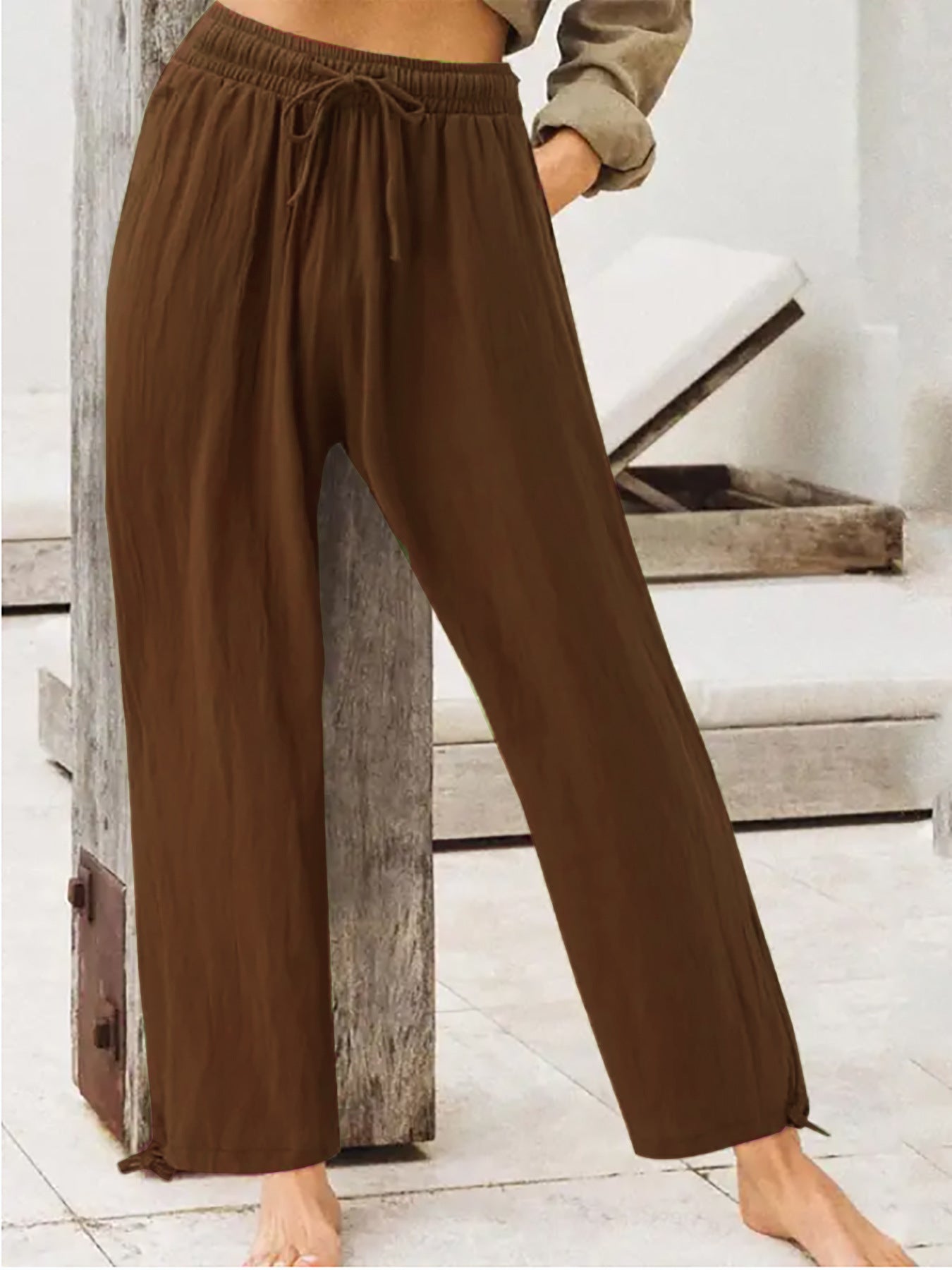 Cocoa brown wide-leg drawstring pants with elastic waist and relaxed flowy legs