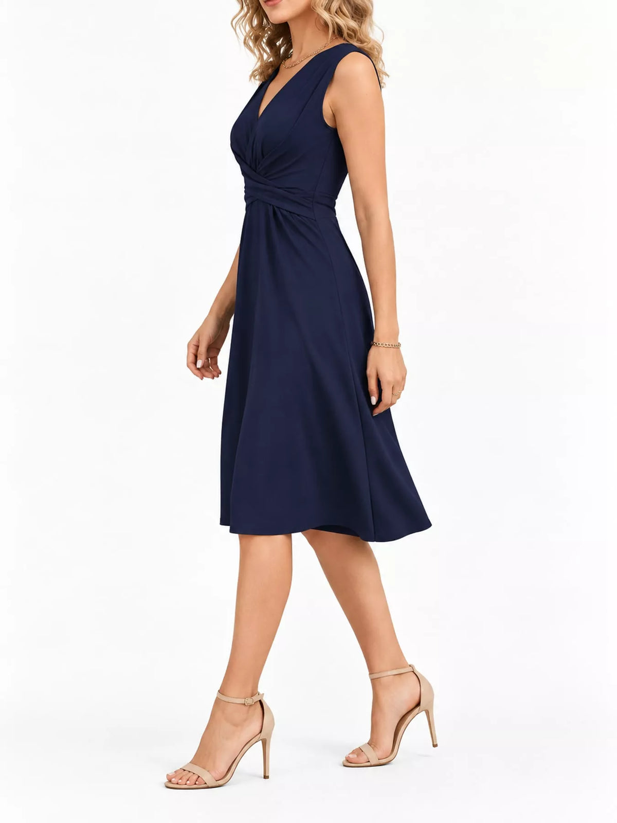 Navy sleeveless midi dress with ruched V-neck and crisscross elastic waist