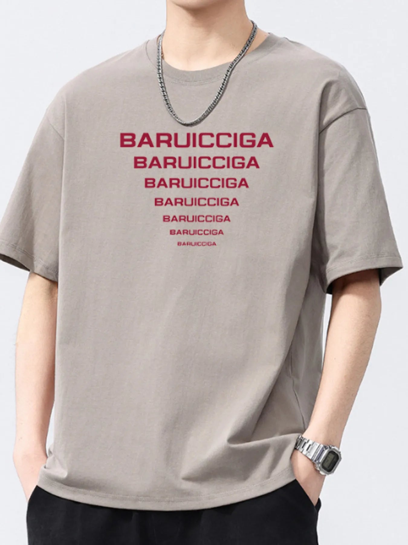 Taupe round-neck short-sleeve T-shirt with red logo text print.