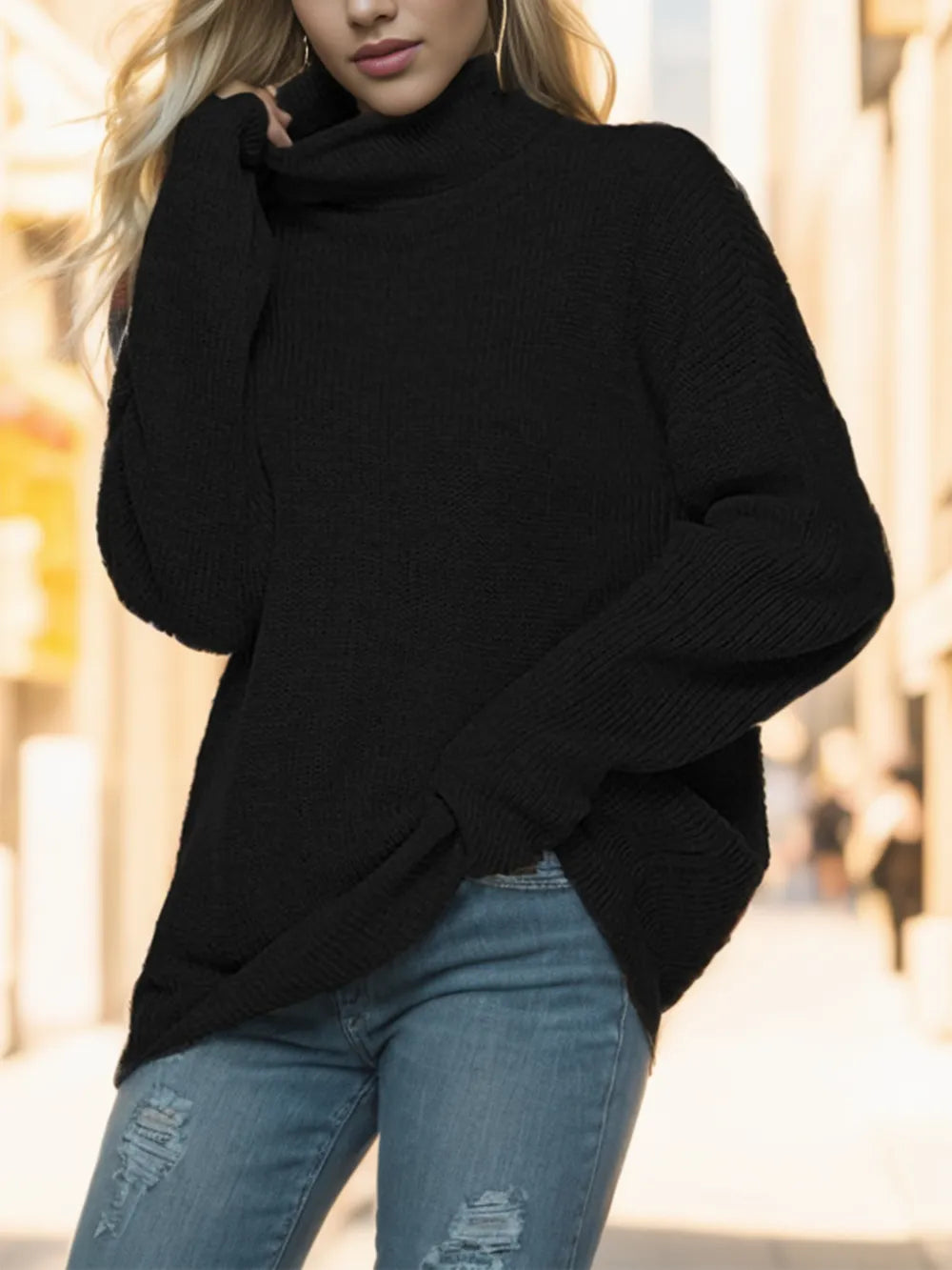 Black turtleneck drop-shoulder long-sleeve sweater with ribbed collar and cuffs