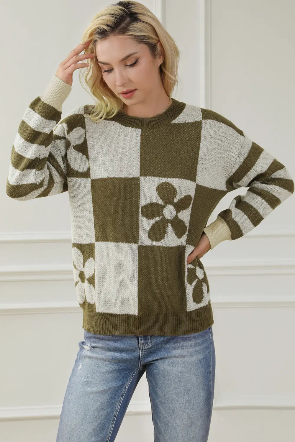 Army green and cream contrast round neck long sleeve sweater with checker blocks and flower print