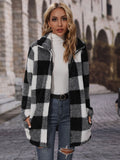 Plaid collared neck coat with pockets, black-and-white check, long sleeves