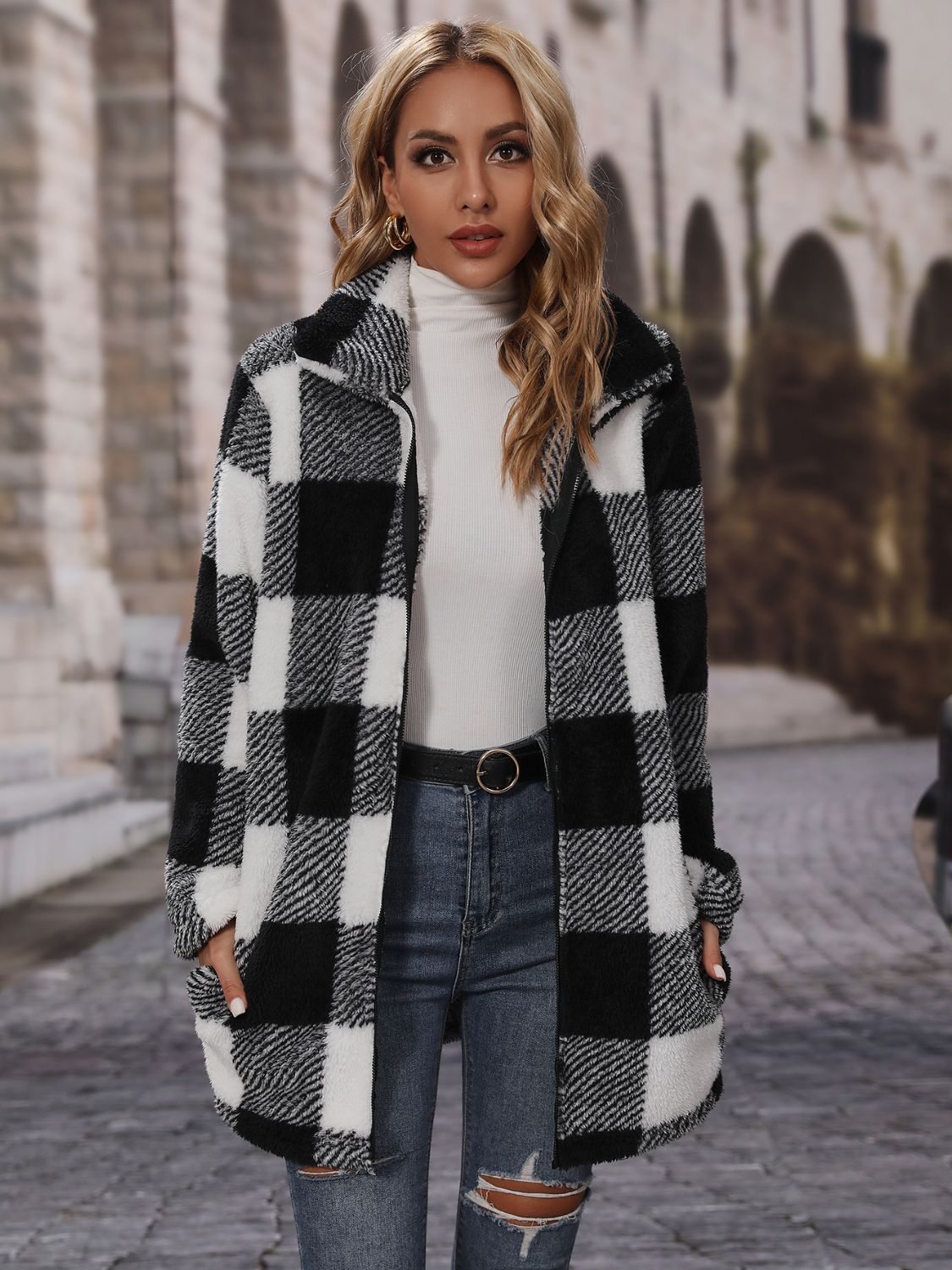 Plaid collared neck coat with pockets, black-and-white check, long sleeves