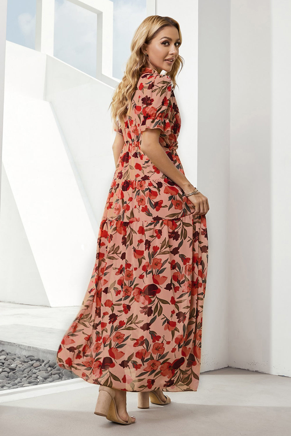 Floral V-neck short flounce sleeve dress with flowing tiered skirt, deep red base.