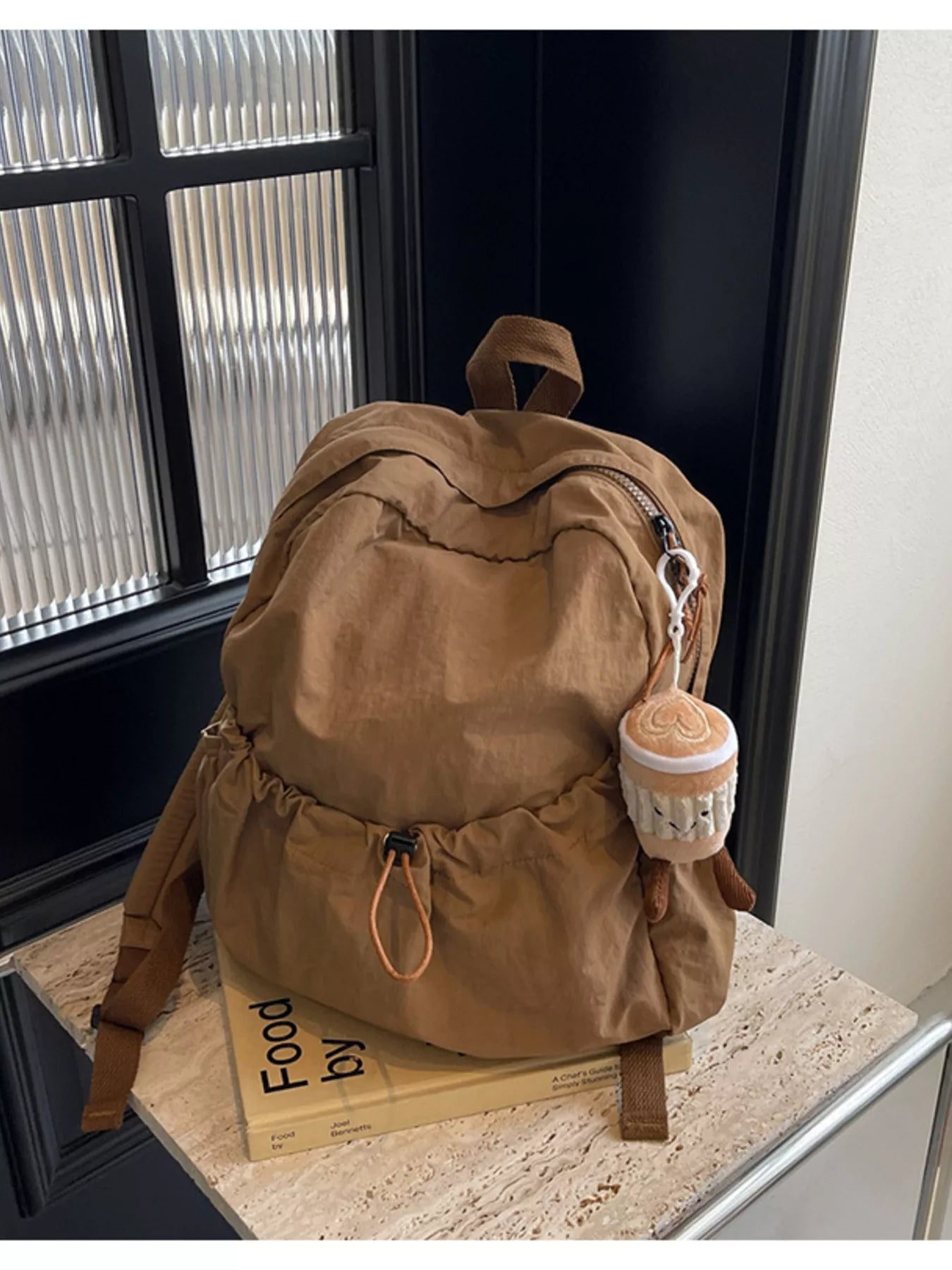 Cedar & Moore casual nylon drawstring backpack, large, tan color.