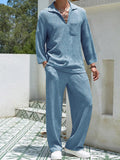 Men's long-sleeve top and pants set in lake blue, front placket with notch collar