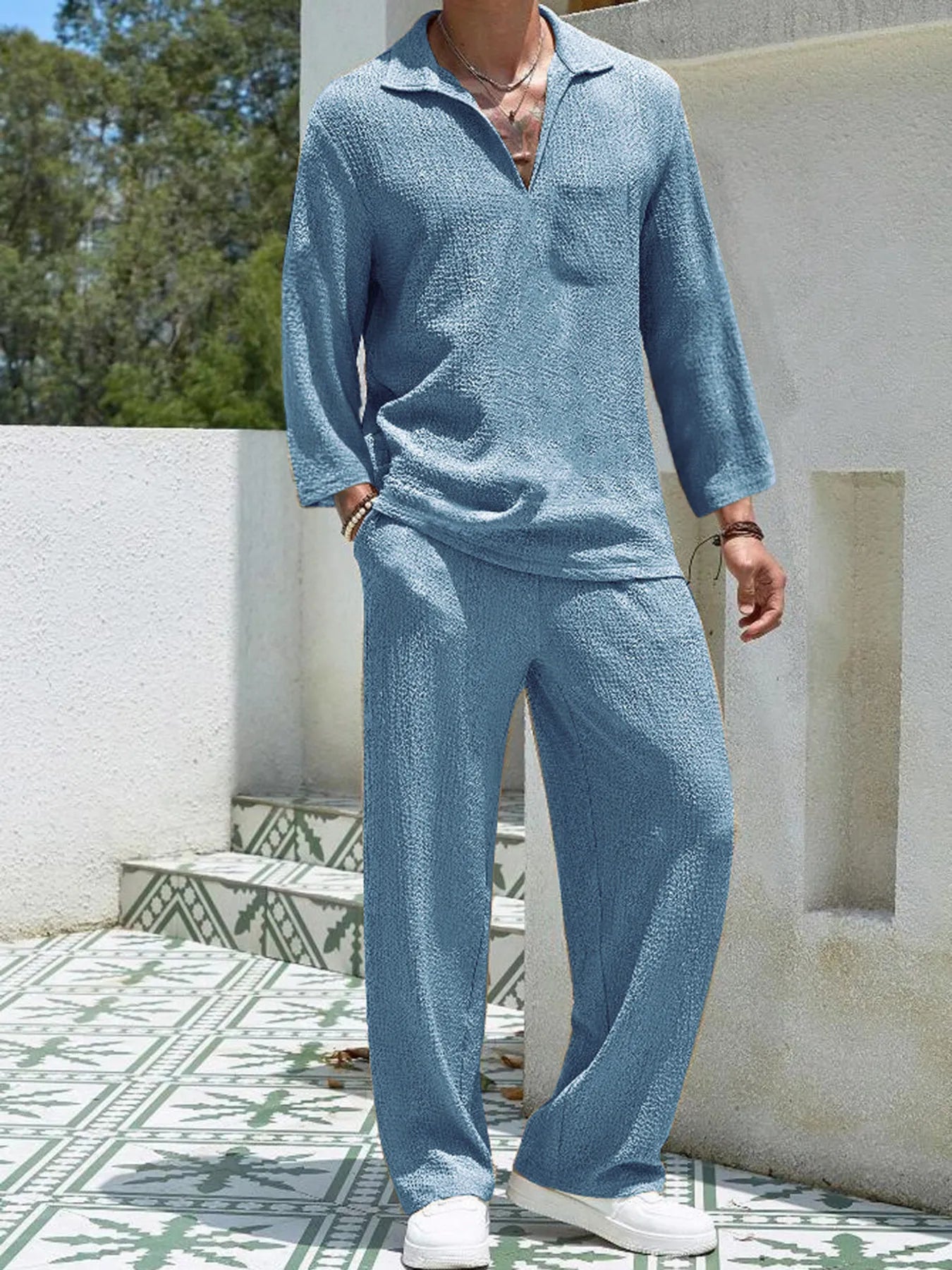 Men's long-sleeve top and pants set in lake blue, front placket with notch collar