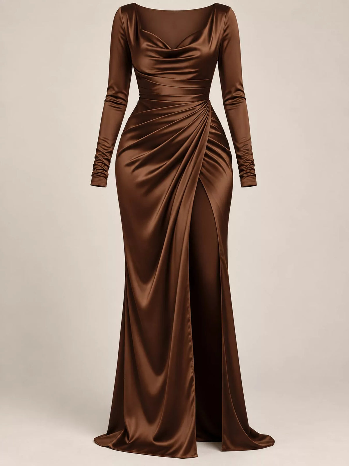 Brown satin cowl-neck maxi dress with ruched waist and long sleeves, high slit