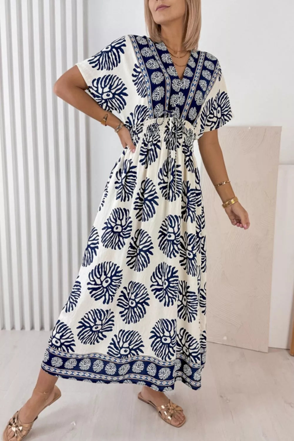 Floral print V-neck dolman midi dress with contrast border trim, blue-and-white