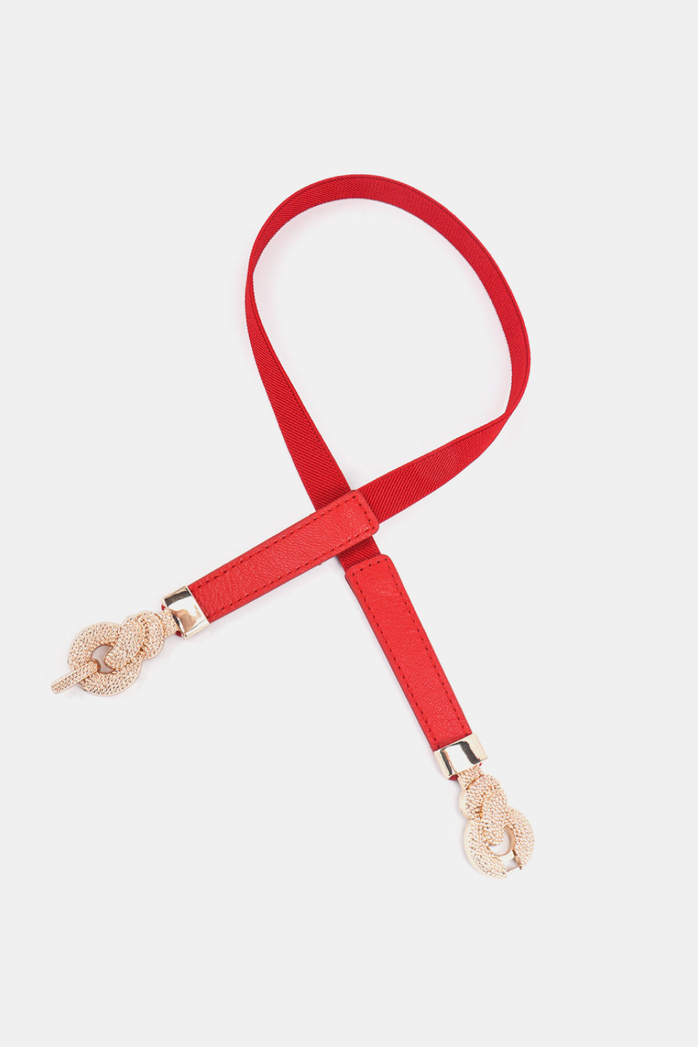 Red vegan leather belt with zinc alloy buckle and hanging chain D-ring detail