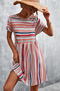Striped round-neck dress with short sleeves and gathered waist, coral/navy/white stripes
