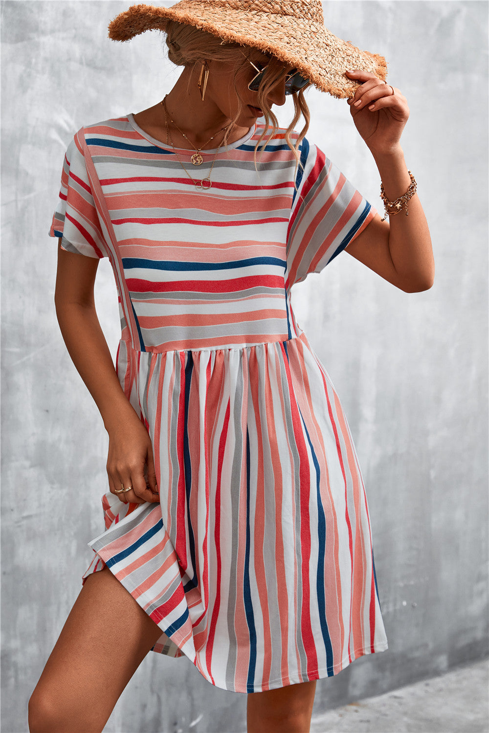Striped round-neck dress with short sleeves and gathered waist, coral/navy/white stripes