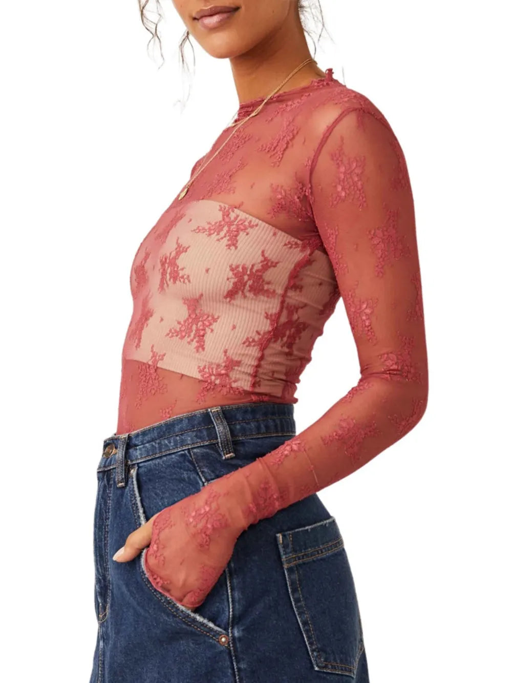 Rust lace mock-neck long-sleeve blouse with floral pattern, sheer yoke