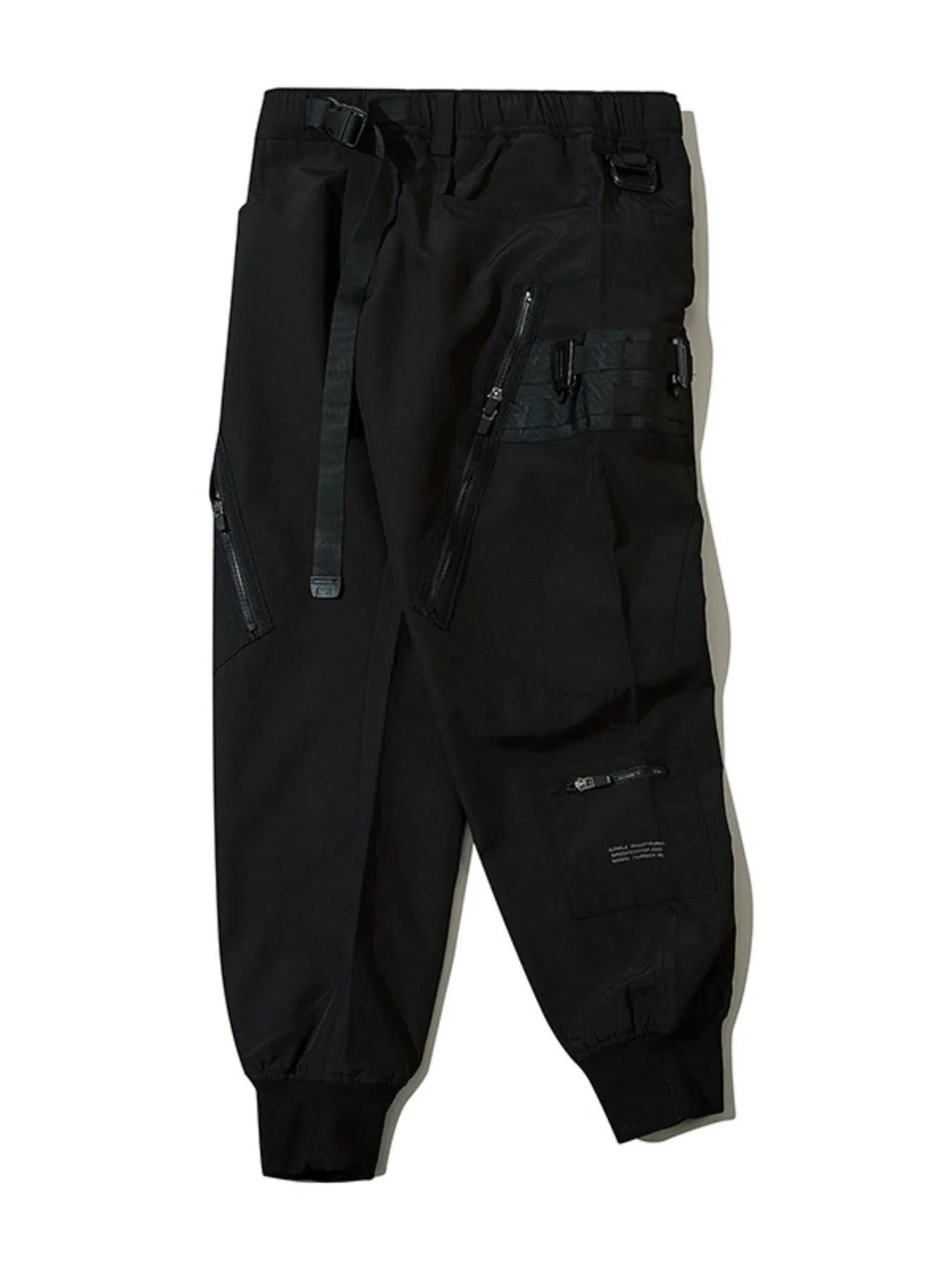 Black cargo joggers with side and thigh zip pockets, elastic waistband