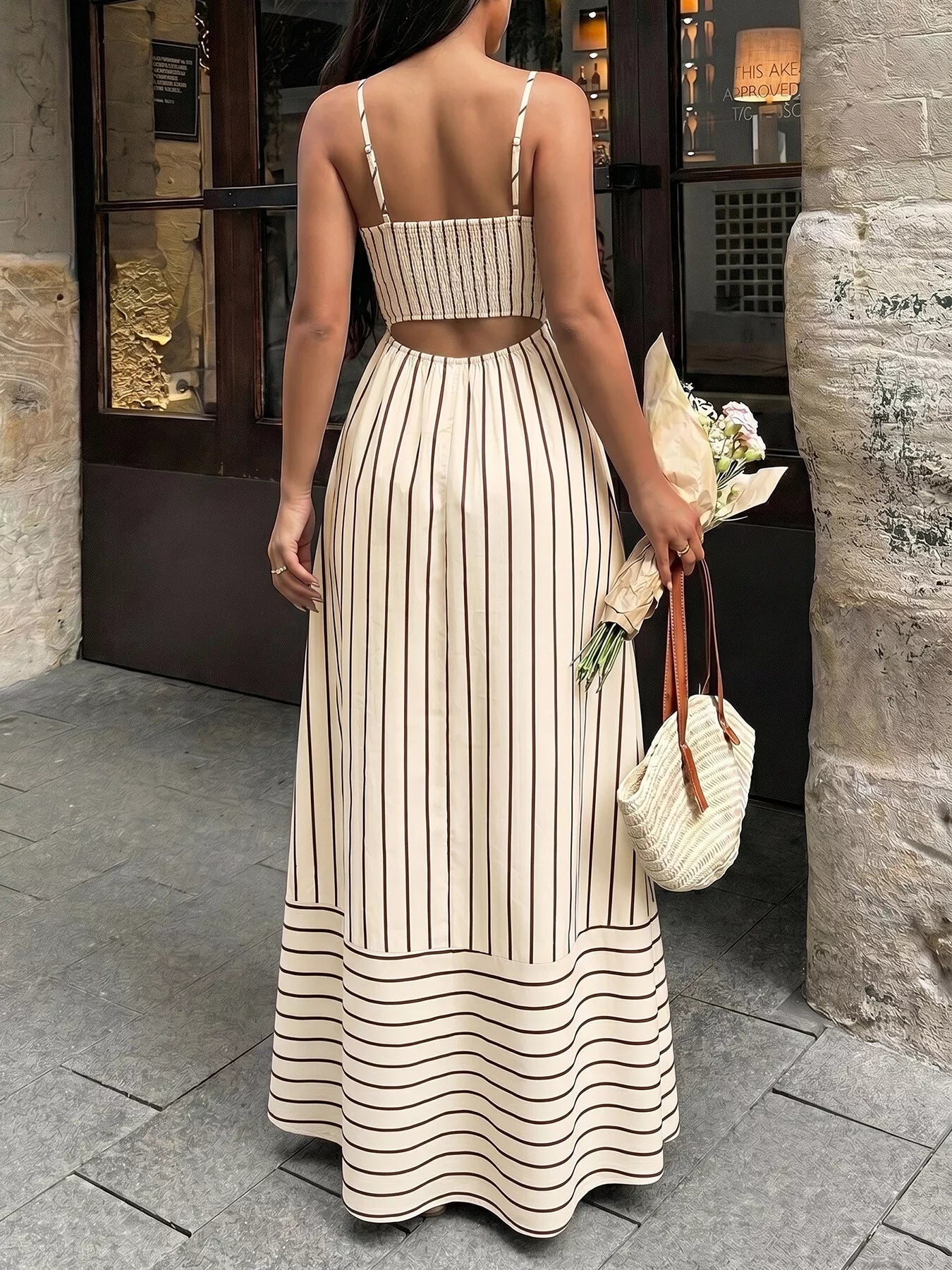 Cedar & Moore Striped print spaghetti strap maxi dress in cream with brown vertical stripes, smocked bodice and back cutout