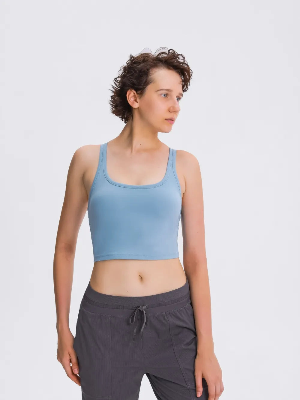 Light blue scoop-neck active tank with racerback straps