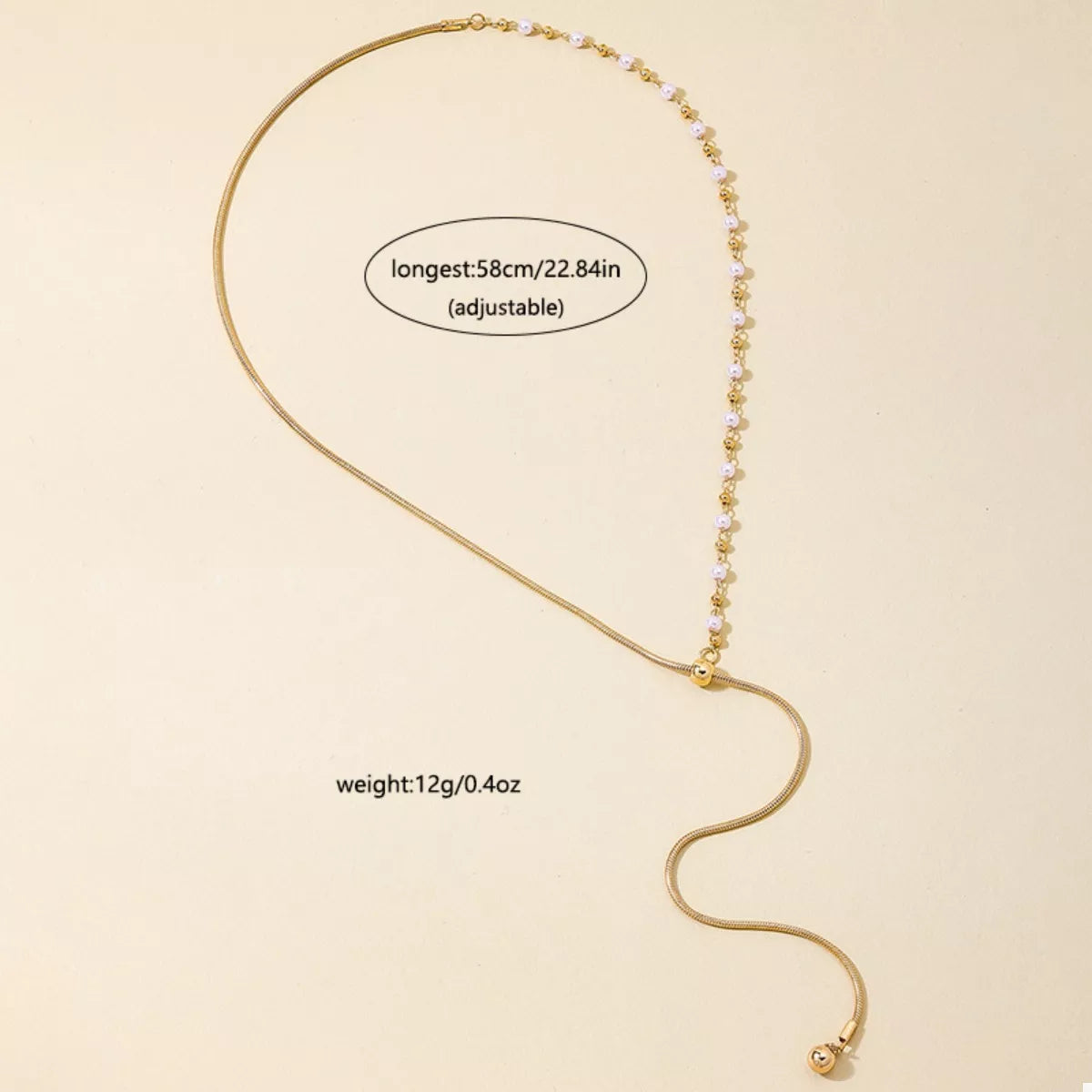 Adjustable gold-plated Y-drop pearl necklace, longest 58cm; weight 12g