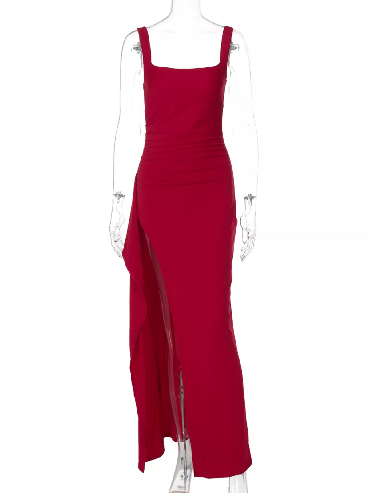 Wine red ruched square-neck maxi dress with spaghetti straps and side slit