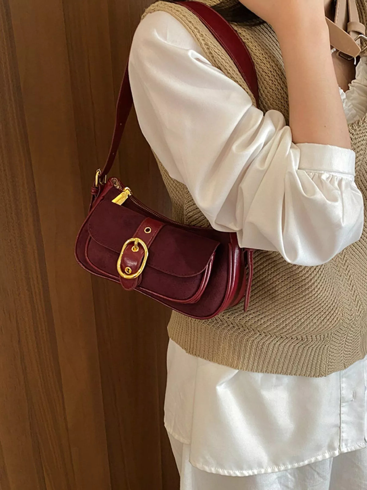 Wine red suede buckle shoulder bag with flap and gold-tone clasp